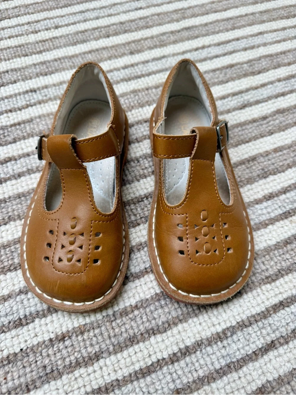 L'Amour Tan Leather T-Strap Mary Jane Kids Shoes